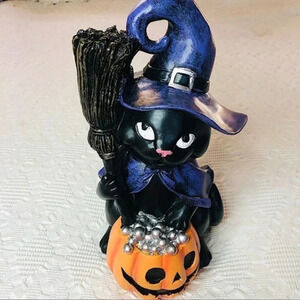 Black Cat Witch Halloween Statue w Pumpkin Cauldron | Ceramic Decor | NWT